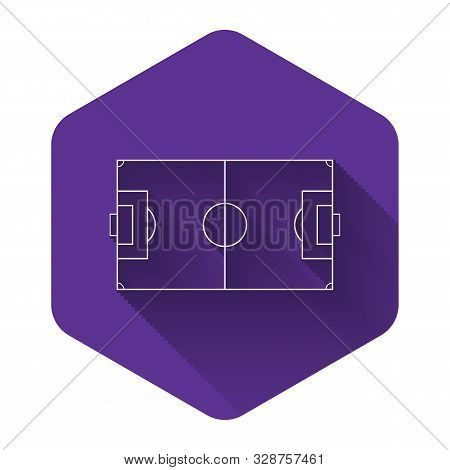 White Football Field Or Soccer Field Icon Isolated With Long Shadow. Purple Hexagon Button. Vector I
