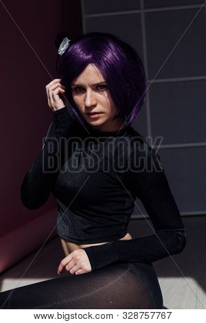 Girl Cosplayer With Purple Hair Anime Japan