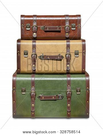 Three Stacked Vintage Suitcases Isolated From White Background