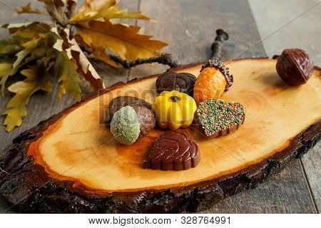 Autumn Chocolate Bonbon Decorated With Some Leaves