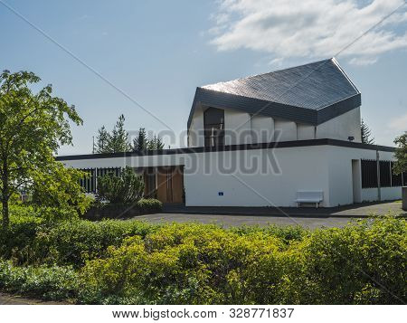 Iceland, Hveragerdi, August 5, 2019: View Of Modern Architecture Od Building Hveragerdiskirkja, Chur
