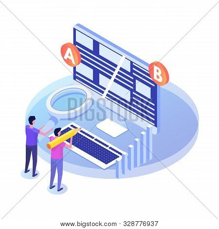 A-b Comparison. Split Testing Isometric Concept. Vector Illustration.