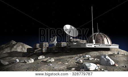 3d Illustration Of A Lunar Base With A Dome Structure, Research Modules, Observation Pods And Commun