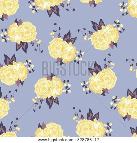 Vector Soft Yellow Roses On Purple Seamless Pattern Background.