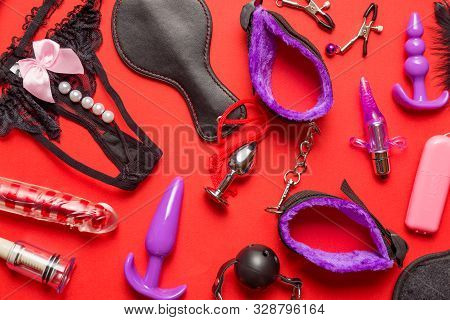 Bdsm Kit From Sex Shop. Leather Whip, Buttplug, Vibrator, Dildo, Nipple Clamps, Female Panties And O