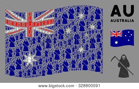 Waving Australia Flag. Vector Death Scytheman Design Elements Are Grouped Into Geometric Australia F