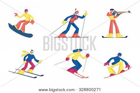 Set Of Winter Kinds Of Sport Activities Isolated On White Background. Skiing Snowboarding Biathlon S