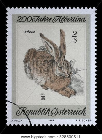 ZAGREB, CROATIA - JULY 03, 2014: A stamp issued in the Austria shows Young Hare by Albrecht Durer, the 200th Anniversary of the Albertina Graphics Collection, circa 1969.