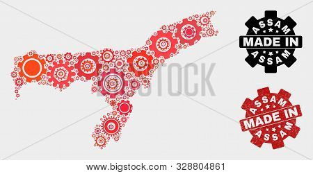 Mosaic Technical Assam State Map And Scratched Seal. Vector Geographic Abstraction In Red Colors. Mo