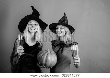 Halloween Party. Best Friends Girls Celebrates Halloween. Having Fun. Surprised Woman. Happy Brightf