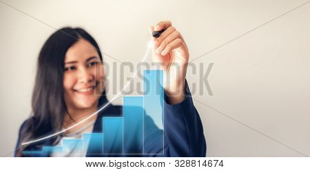 Businesswoman Is Tracking Chart Info On The Screen, Investor Drawing Projection Trend Of Stock Gantt