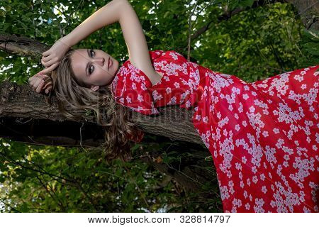 A Beautiful Young Girl With Perfect Skin, With Long Hair In A Red Dress Lies On A Tree Branch With A