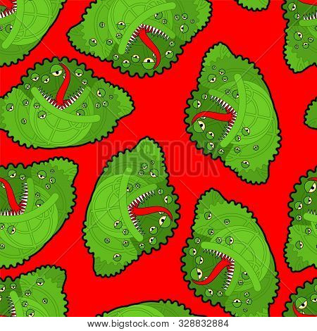 Сabbage Monster Pattern Seamless. Angry Vegetable With Teeth Background. Hungry Alien Food. Vector T