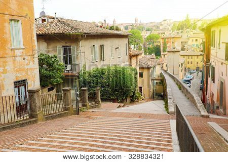 Perugia Beautiful Old Streets With Steps Via Appia And Via Dell'acquedotto, Umbria, Italy.
