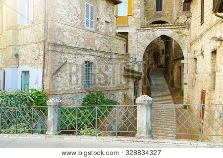 Perugia Beautiful Old Street With Steps Via Dell'acquedotto, Umbria, Italy.