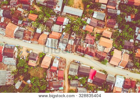 Aerial View Of Village Of Nong Khiaw. North Laos. Southeast Asia. Photo Made By Drone From Above. Bi