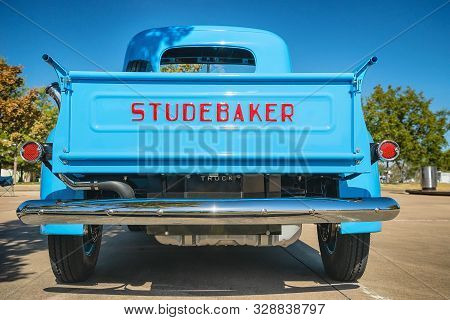 Westlake, Texas - October 19, 2019: Back Side View Of A Light Blue Color Vintage Studebaker Pickup T