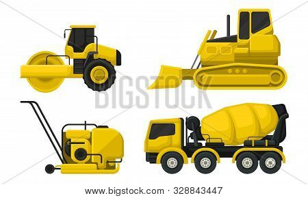 Special Vehicles Vector Isolated Set. Heavy Machinery Equipment For Road Construction
