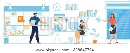 Office Life And Business Ideas Situation Cartoon. Woman Working At Computer. Male And Female Executi