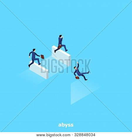 A Man In A Business Suit Jumping Over A Curb Falls Into An Abyss, An Isometric Image