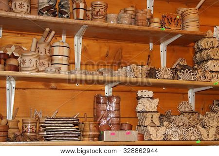 Wood Products On Shelf Of Souvenir Shop. Handicraft Of Making Wood. Wide Choice Of Wood Products On 