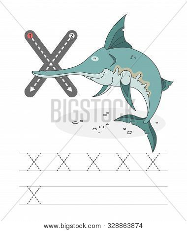 Learning To Write A Letter - X. A Practical Sheet From A Set Of Exercises Game For Kids. Funny Water