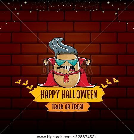 Vector Funny Cartoon Cute Dracula Potato With Fangs And Red Cape Isolated On Brick Wall Background. 