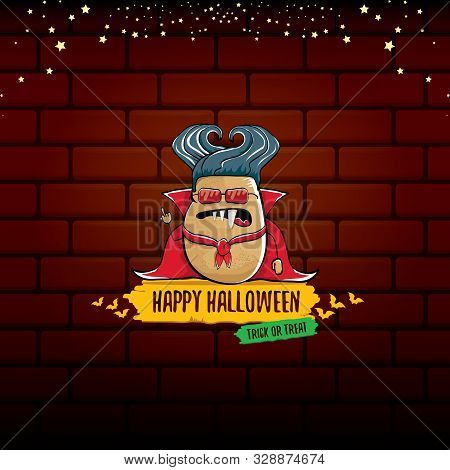 Vector Funny Cartoon Cute Dracula Potato With Fangs And Red Cape Isolated On Brick Wall Background. 