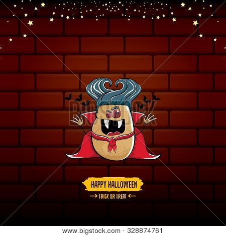 Vector Funny Cartoon Cute Dracula Potato With Fangs And Red Cape Isolated On Brick Wall Background. 