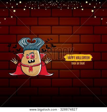 Vector Funny Cartoon Cute Dracula Potato With Fangs And Red Cape Isolated On Brick Wall Background. 