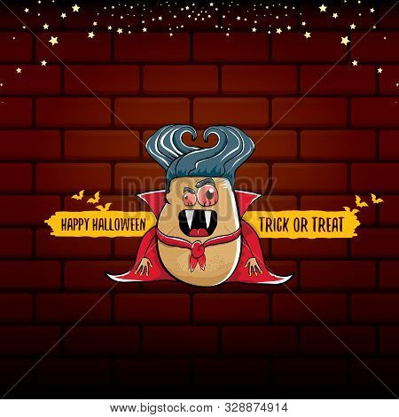 Vector Funny Cartoon Cute Dracula Potato With Fangs And Red Cape Isolated On Brick Wall Background. 