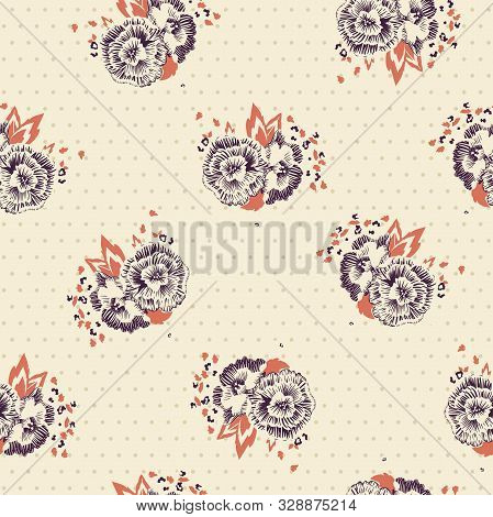 Vector Retro Roses On Dotted Texture Seamless Pattern Background.