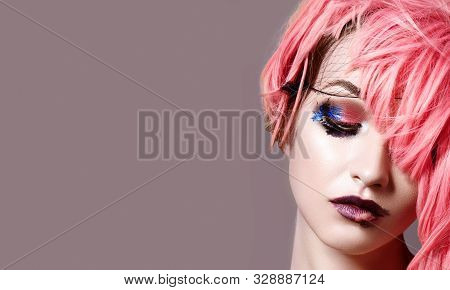 Dramatic Fashion Look Young Woman In Pink Wig. Beautiful Model With Bright Make-up. Carnival Accesso