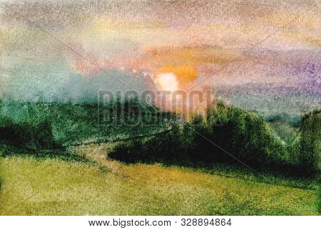 Etude Rural Landscape. Red Misty Sunset. Field, Forest, Sky. Watercolor Drawing.