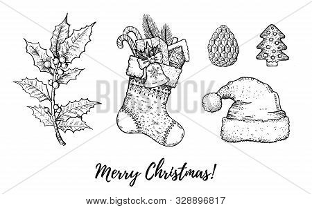 Christmas Hand Drawn Doodle Icon Set. Merry Xmas, Happy New Year Symbols, Retro Sketch Style. Cute S