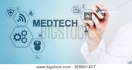 Medtech Medical Technology Information Integration Internet Big Data Concept On Virtual Screen. Doct
