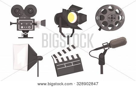 Film Industry Equpment Set, Film Reel, Camera, Searchlight, Clapperboard, Microphone Vector Illustra