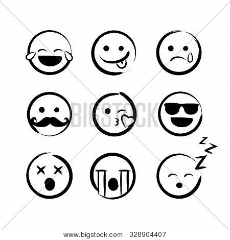 Vector Illustration Hand Drawn Ink Emojis Faces. Doddle Emoticons Sketch With Differrent Emotions.