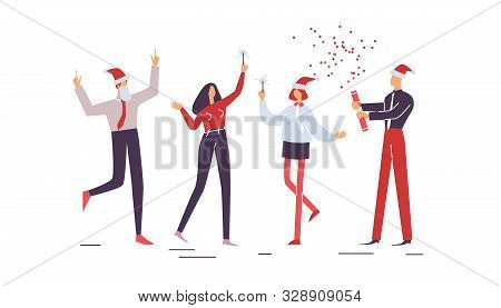 Merry Christmas. People Jollify Together. Collection Of Happy Workers Having Fun At Corporate Party 