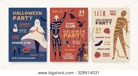 Halloween Party Poster Templates Pack. Holiday Entertainment Event, Masquerade Creepy Invitation. He