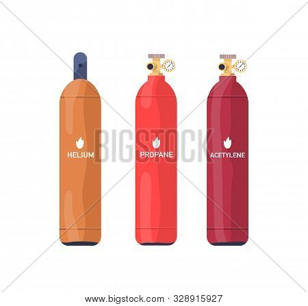 Flammable Gas Tanks Flat Vector Illustrations Set. Helium, Propane, Acetylene Industrial Multicolor 