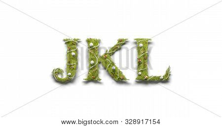 Decorative J K L Letters, Xmas Font Signs Isolated, 3d Rendering. Empty Decoration Charset. Green Pi