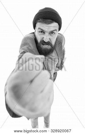Brutal And Rude. Brutal Caucasian Man Shaking His Fist With Anger. Bearded Man In Brutal Style. Brut