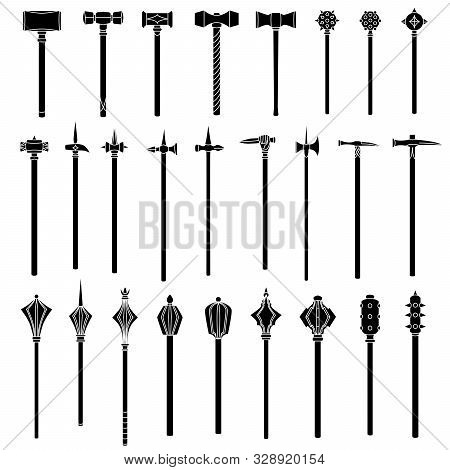 Set Of Simple Monochrome Vector Images Of Medieval War Hammers And Maces.