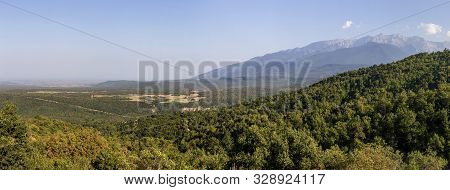 Landscape. Scenic View From The Height Mount Olympus On The Coastline, Farmland And Sea On A Summer 