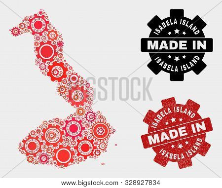 Mosaic Gear Isabela Island Of Galapagos Map And Scratched Stamp. Vector Geographic Abstraction In Re