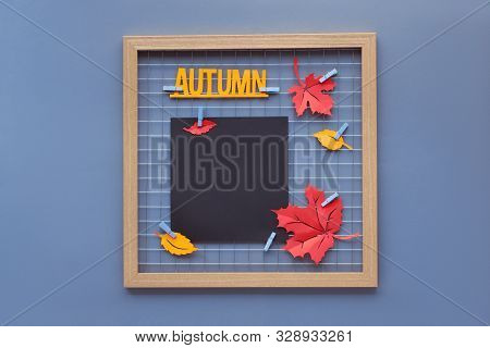 Photo Grid Board With Flame Scarlet Red And Saffran Yellow Colored Paper Autumn Leaves And Text 