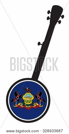 A Typical Five String Banjo In Silhouette On A White Background Woth The Icon From The State Flag Of