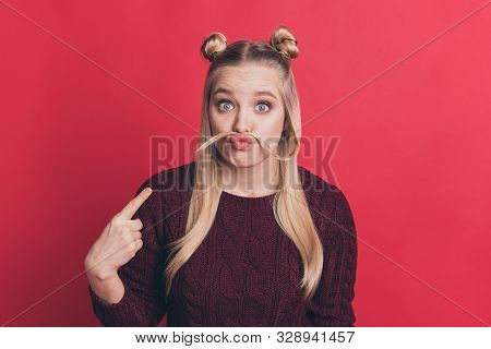 Im Like Guy. Photo Of Pretty Lady Making False Moustache With Long Curl Directing Finger On Funny Ex