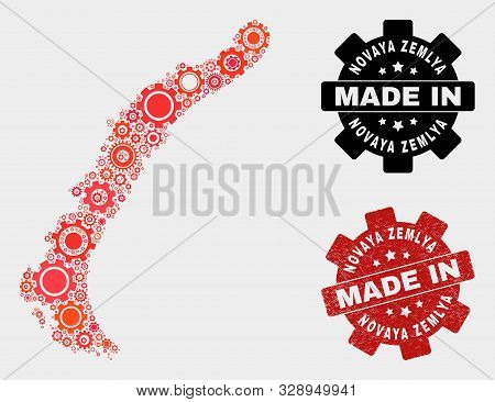 Mosaic Technical Novaya Zemlya Islands Map And Grunge Stamp. Vector Geographic Abstraction In Red Co